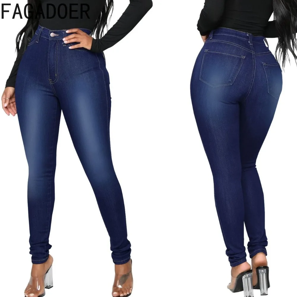 FAGADOER Blue Fashion High Elastic Skinny Jean Pencil Pants Women High Waisted Button Pocket Denim Denim Trousers Female Bottoms