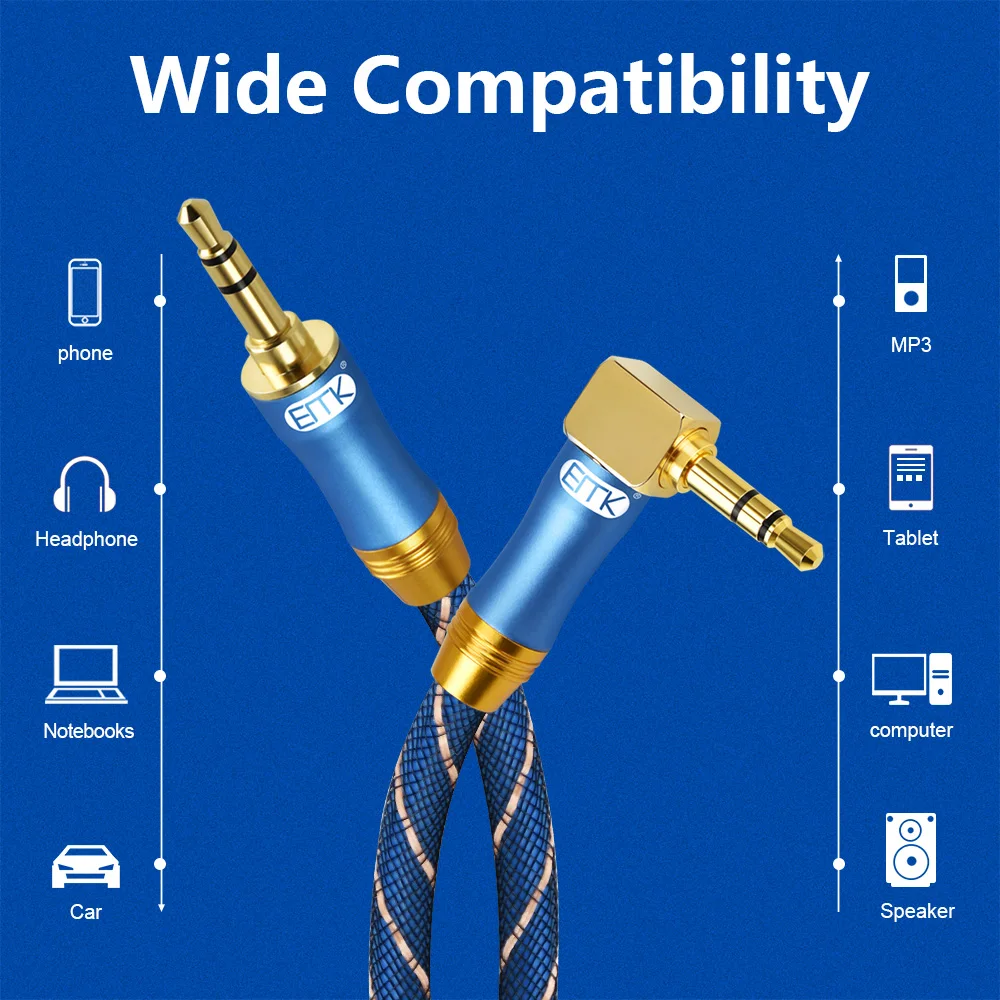 EMK AUX 3.5mm Jack Audio Cable Jack 3.5 Male to AUX Cable Audio 90 Degree Right Angle AUX Cable for Car Headphone Soundbar TV
