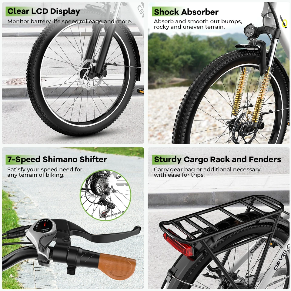Cybervelo Urban Commute E-Bike 48V 1000W Peak Motor Detachable Battery 7-Speed Shift Electric Bike 26" Step-Thru Adults EK2 image 12