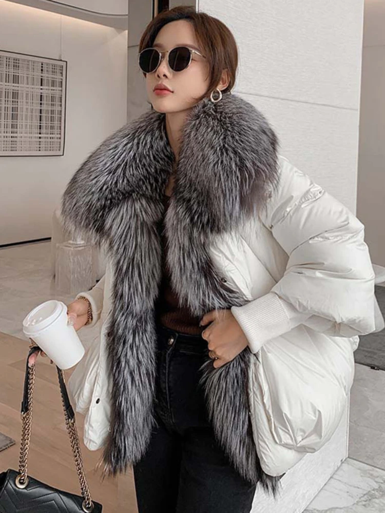 Janveny Large Real Silver Fox Fur Collar 2026 White Duck Down Jacket Women Winter Luxury Puffer Coat Oversize Feather Outwear
