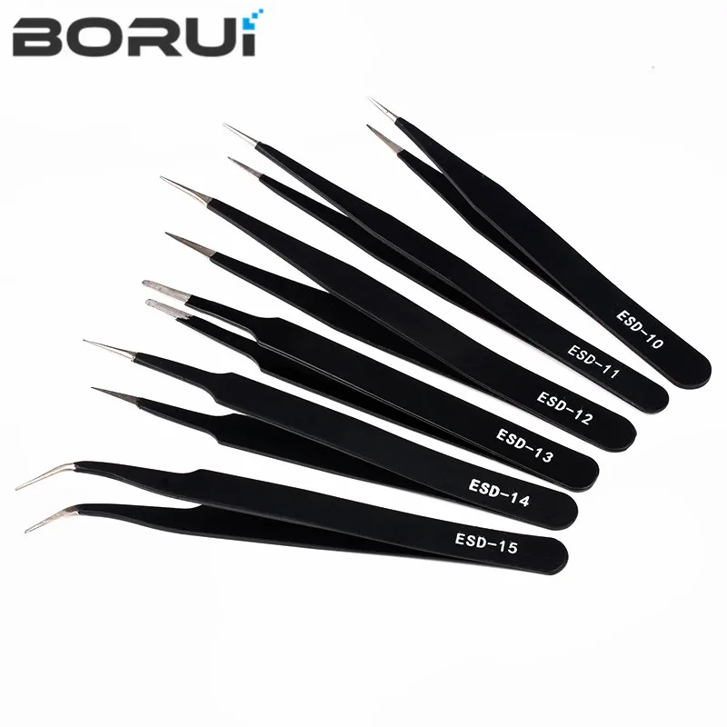 1 PCS ESD-10/11/12/13/14/15Anti-static Stainless Steel Tweezers Industrial Precision Curved Straight Tweezers Maintenance Tool