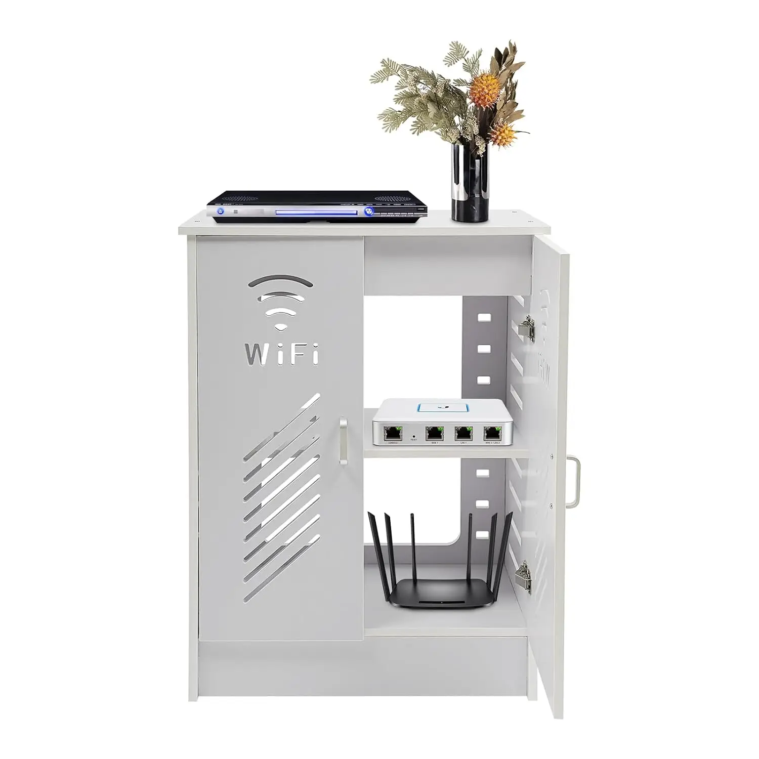 WiFi Router Storage Cabinet with Adjustable Shelves, Floor Standing Router Decorative Storage Box with Ventilation, Cable Manage