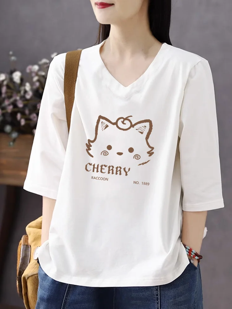 

Pure Cotton V-Neck 3/4 Sleeve T-Shirt Women's Casual Loose Fit Printed Top Breathable Comfortable plus Size Spring Autumn Winter