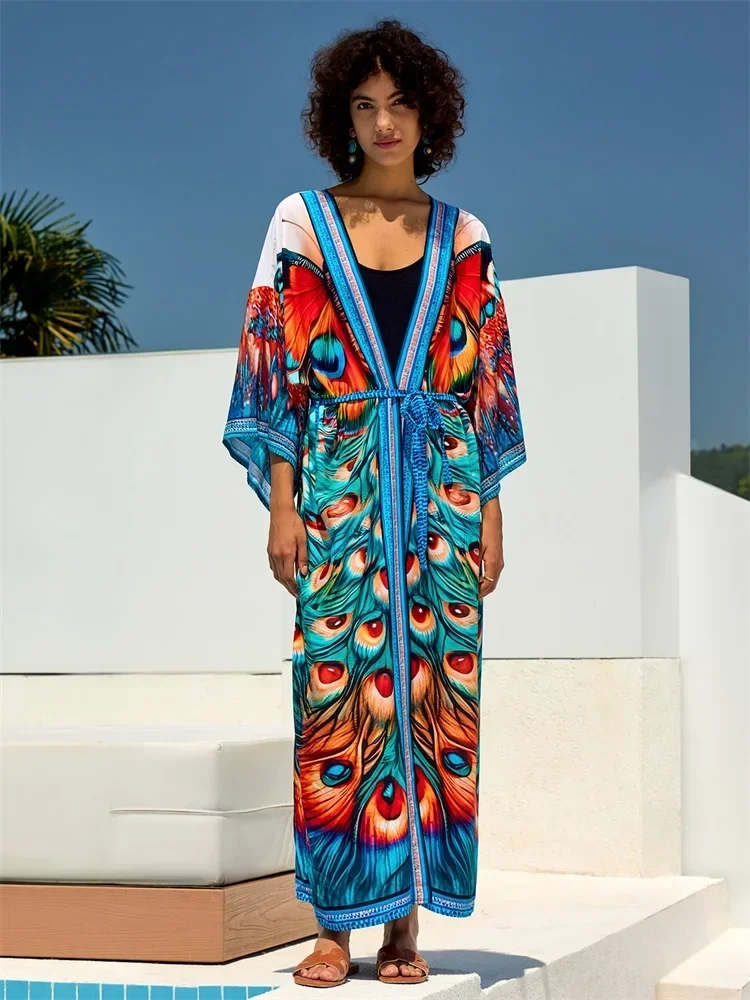 2024 Bohemian Women's Kimono Cardigan Tunic Swimsuit Cover-up Printing holiday Beachwear Lounge Wear Homewear Wrap Outfit Q1675