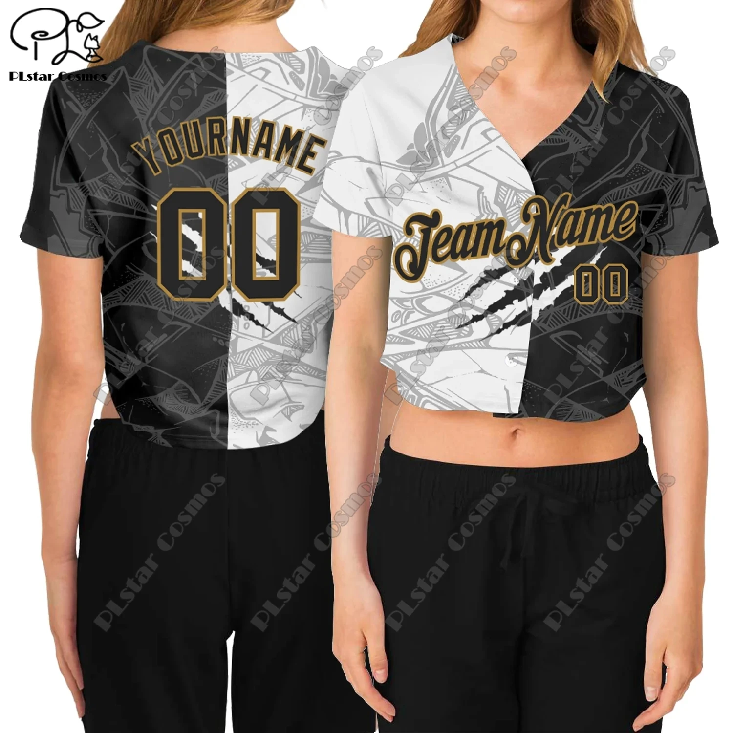 PLstarCosmos 3D printing custom name ladies short baseball shirt summer casual sports style V-neck short sleeve half&half series