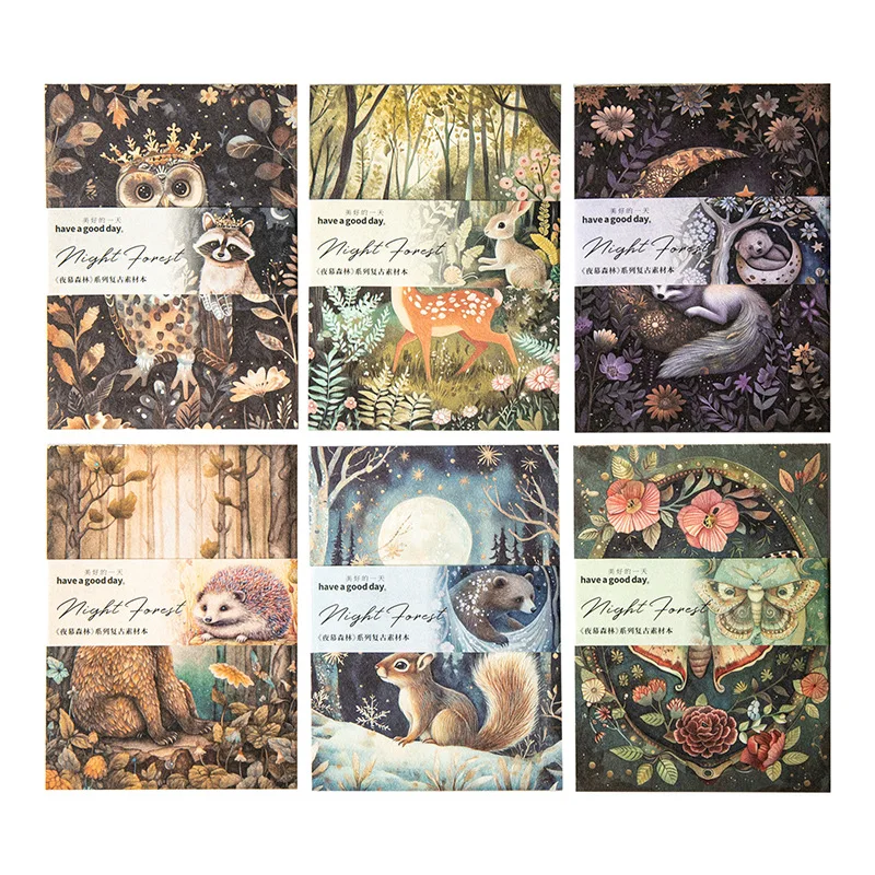 

24sets/lot Memo Pads Material Paper Night Forest Junk Journal Scrapbooking Cards Retro Background Decoration Paper