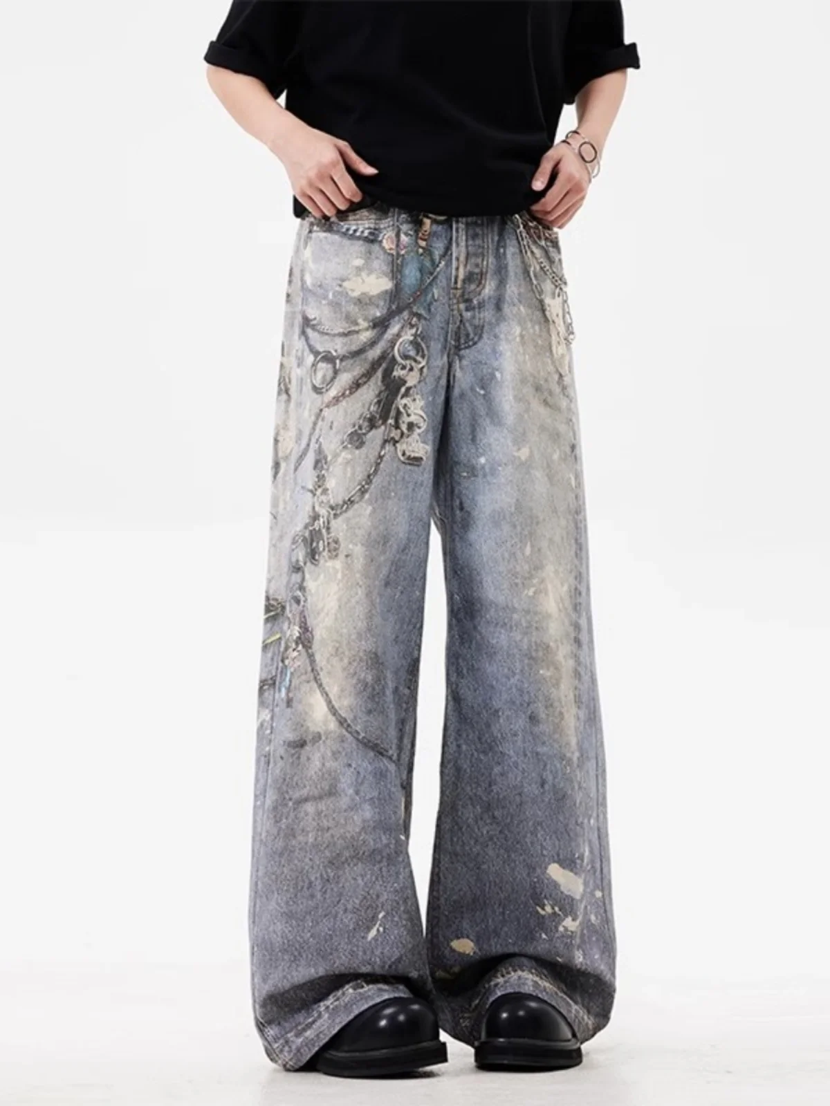 Retro 3D Digital Print Loose Jeans Men's Sle Faded Dyeing Chain Strap Casual Straight Leg Jeans Youth Trend American Sle