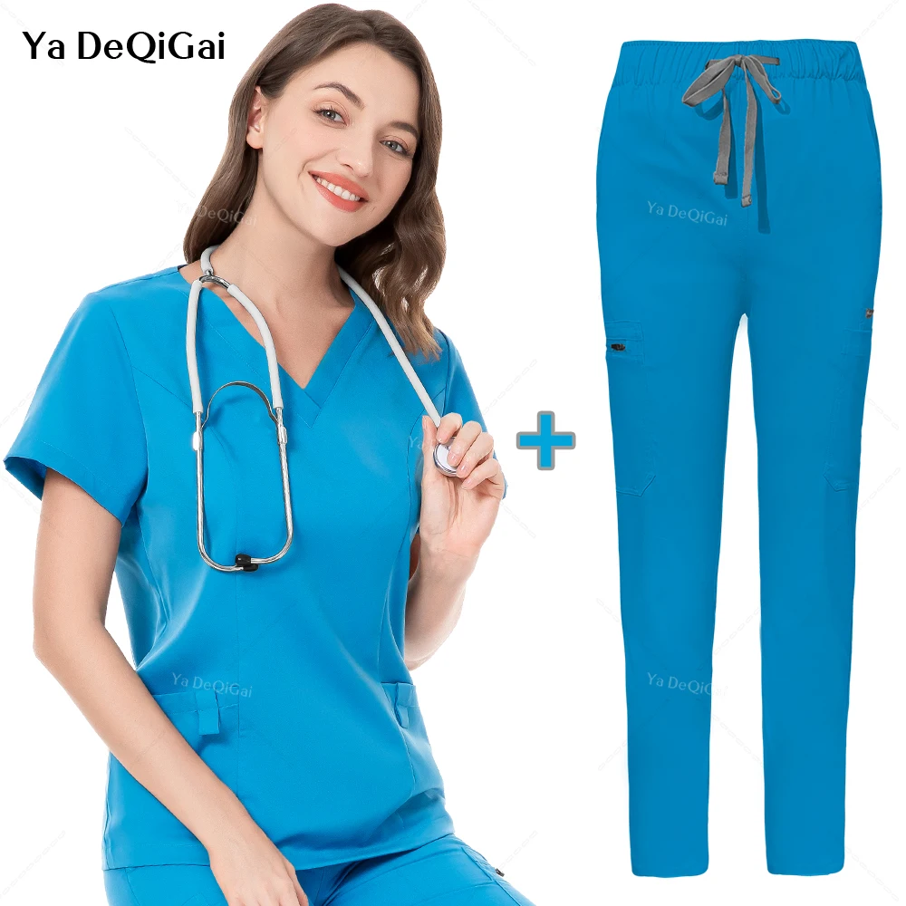 Ropa de trabajo clínica elástica, Top de bolsillo ajustado, Pantalones rectos, conjuntos de uniformes médicos, batas quirúrgicas, accesorios para enfermeras