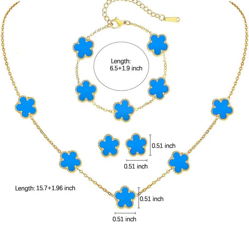 Stainless Steel Sets Earrings Necklace Bracelet Christmas Birthday Gifts Gold Plated Women\'s Double Sided Flower Elegant Fashion