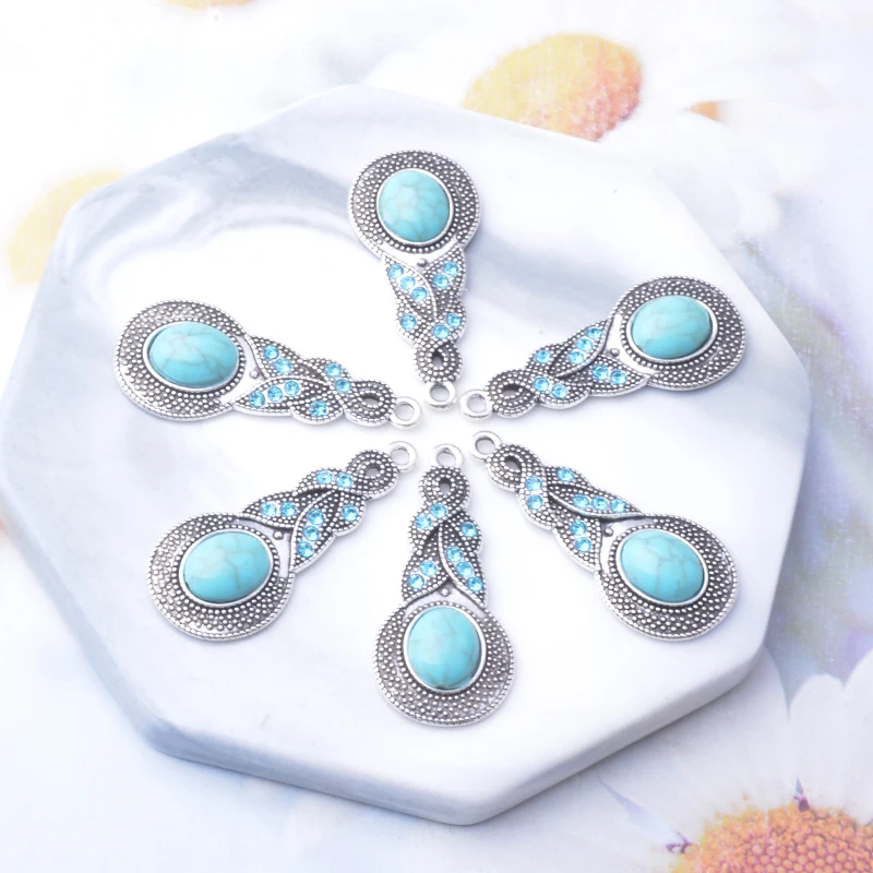 10 Stück/Set Böhmische Antik-Silberfarbene Unregelmäßige Anhänger mit Blauem Stein für DIY-Ohrringe Metallschmuckzubehör – Detail 4