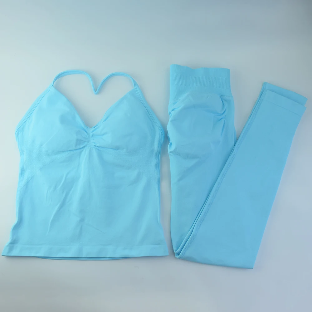 مجموعات اليوغا ملابس الصالة الرياضية النسائية غير الخطوط Strappy أعلى أكتيفيوير البدلة الرياضية 2 قطعة اللياقة البدنية الجري تجريب ملابس رياضية لا شعار