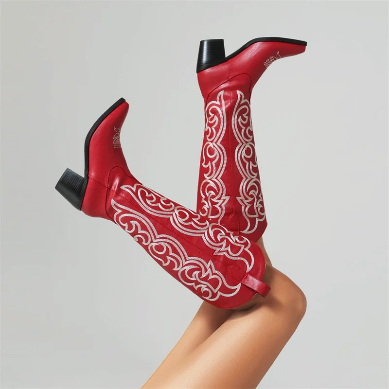 IPPEUM Cowboy Boots Red Embroider Knee High Chunky Heel Cowgirl Women Western Shoes Free Shipping