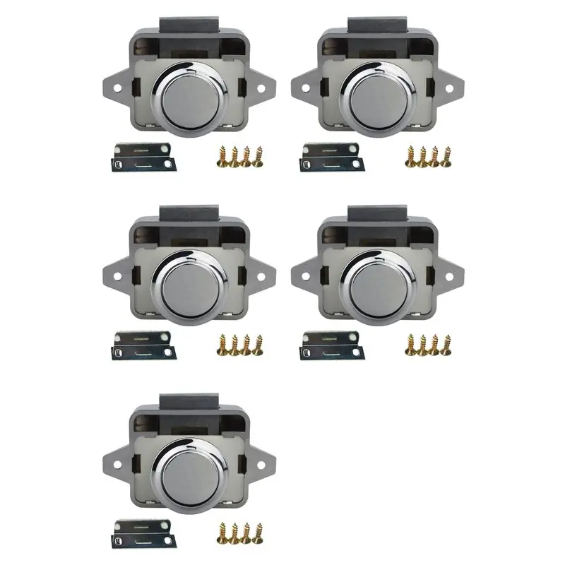

Комплект ABBP-5: кнопочный замок-защелка 26 мм для дверей шкафов автодомов и фургонов, хромированный