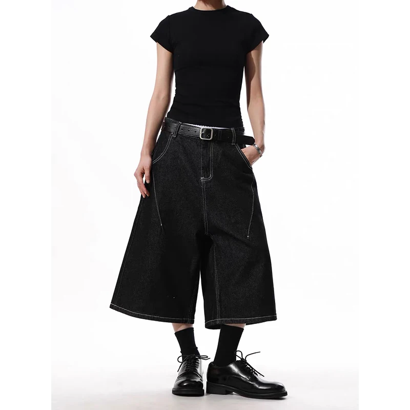 

YIBASHU Summer Women American Retro Punk Black Denim Shorts Y2K 2000s Japanese Harajuku Jorts Jeans Calf-Length Pants Streetwear