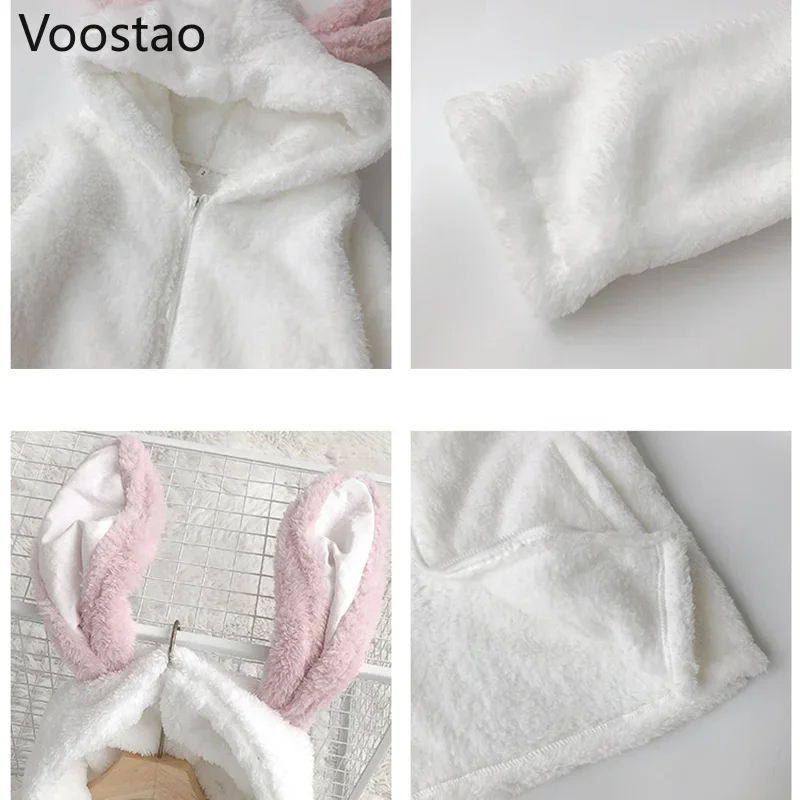 Autumn Winter Women Rabbit Ears Hooded Jacket Sweet Cute Plush Bunny Thick Warm Sweatshirts Girly Harajuku Loose Hoodies Coats