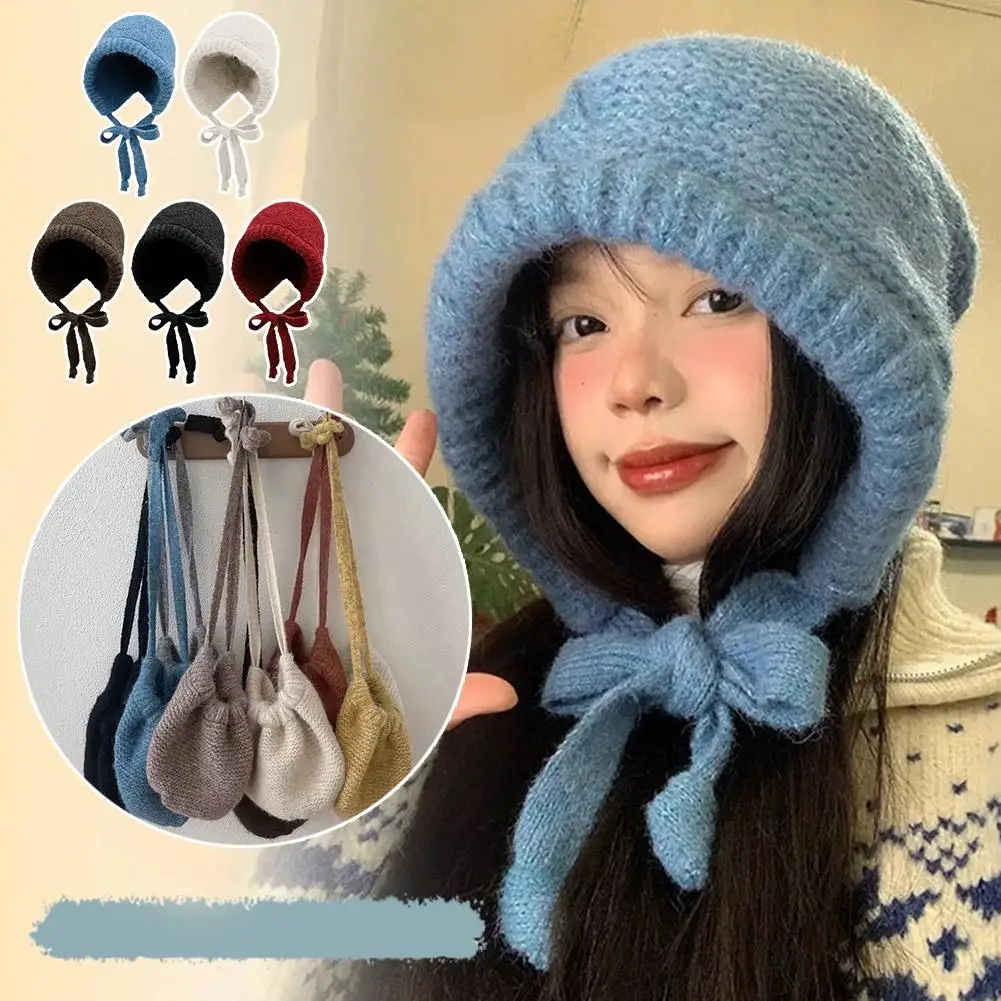 Fashion Thicken Knitted Hat Dual Use Bag Women Winter Cycling Accessories Protection Pullover Warm Skullie Hat Ear Strap Ca E8A3