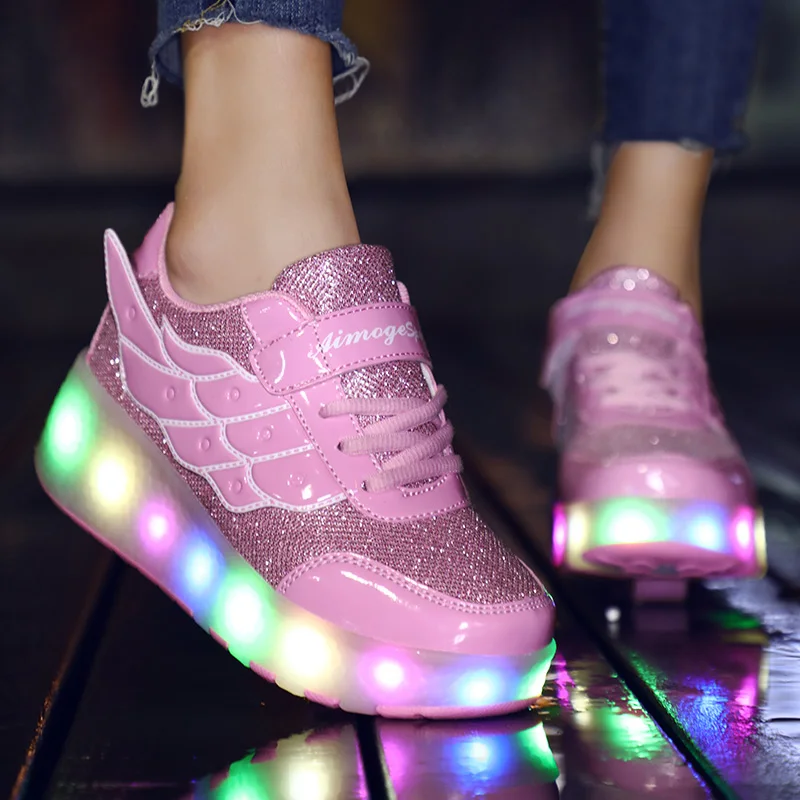 New Style Pink USB Charging Shoe Fashion Girls Boys Women LED Light Roller Skate Shoes Children Kids Sneakers With Wings Wheels