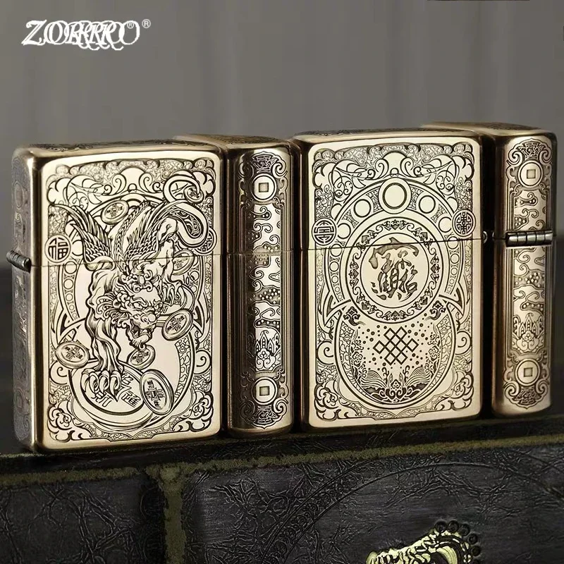 زورو 902 ولاعة زيت منحوتة يدويًا ذهبية الطراز القديم منقوشة بأربعة جوانب متعددة الصور هدية لصديقها الحنين #5