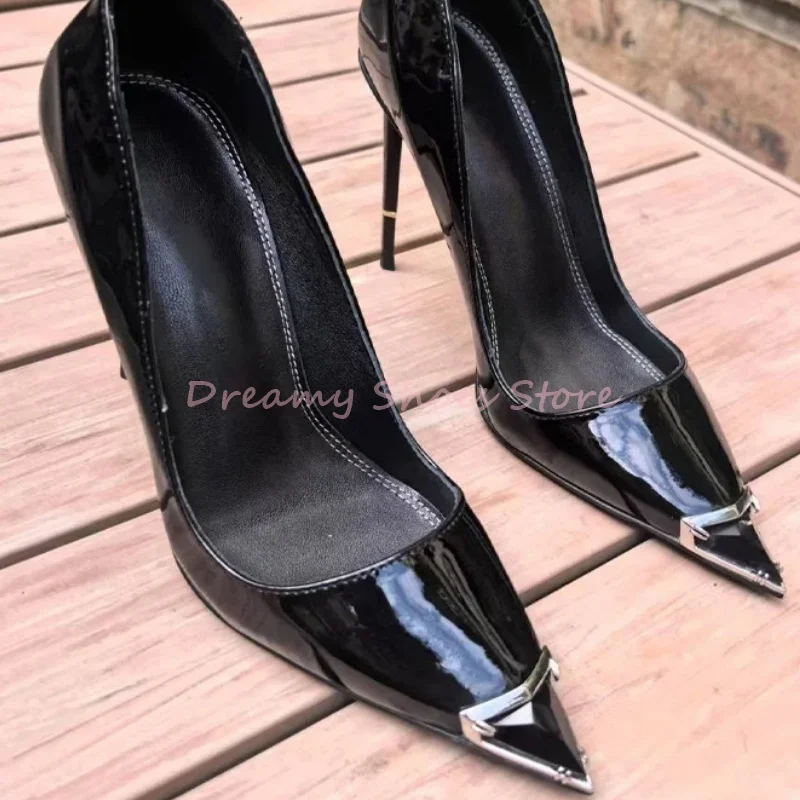 أسود ديكور معدني أشار تو خنجر مضخات المرأة مثير براءات الاختراع والجلود الانزلاق على عالية الكعب موضة فاخرة أحذية المنصة الحفلات #5
