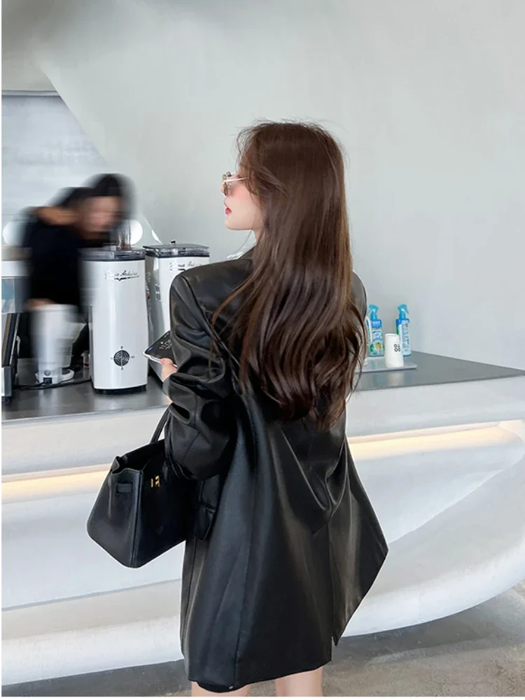 Brown PU Leather Suit Jacket Women Spring Elegant High Quality Black Blazers Mujer Fashion Luxury Loose Causal Outwear Coats New