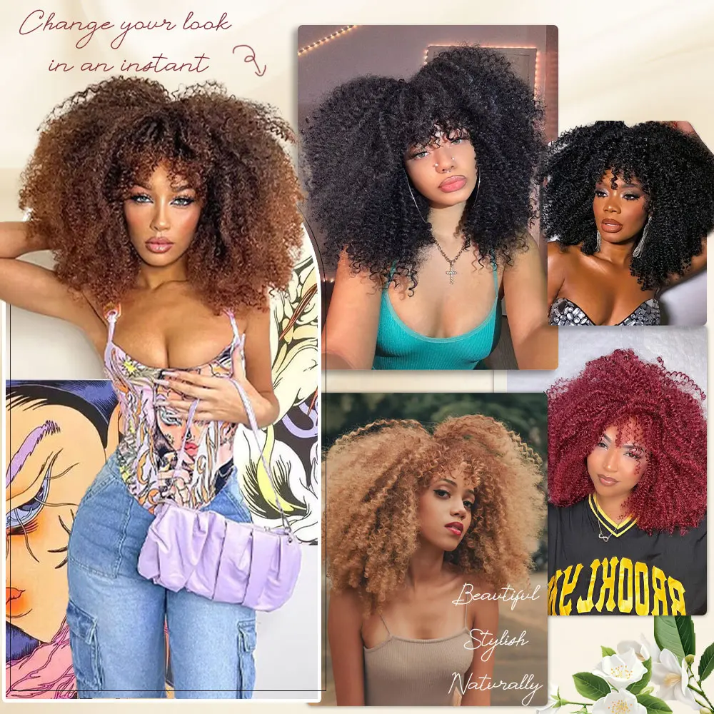 Perucas afro encaracoladas para mulheres negras, peruca curta encaracolada com Franja, cachos perversos, cabelo sintético para mulheres afro-americanas