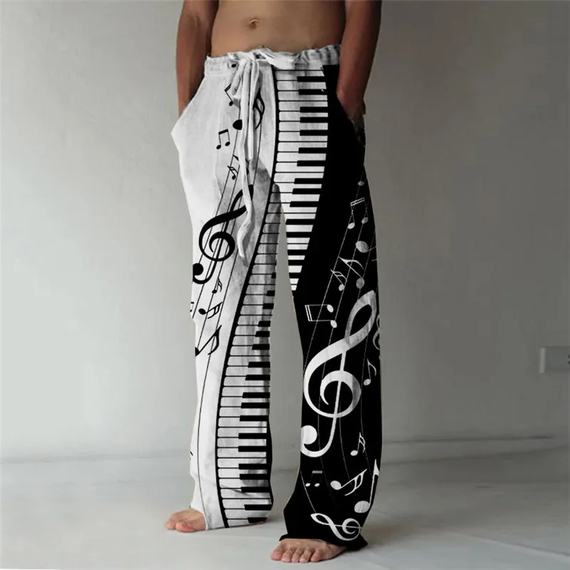 Summer beach pants men's simple casual wide-leg pants 3D printing music fashion wide-leg pants Hawaiian style pants