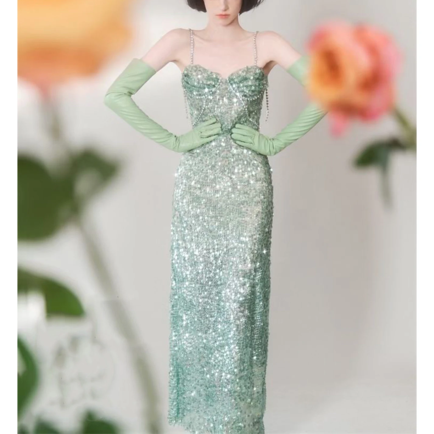 

Green beads new diamond-strip long dress with halter slim elegant women's dress