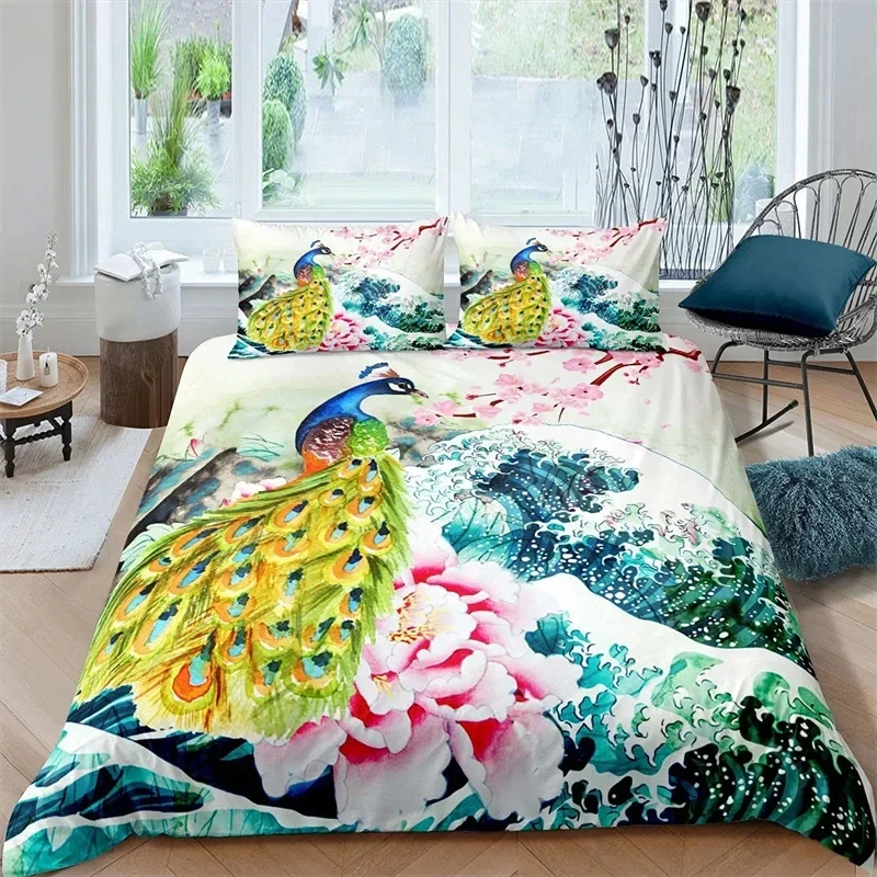 

Cherry Blossoms Bedding Set Japanese Ocean Wave Duvet Cover Microfiber Twin Queen Full King Comforter Cover Set for Boys Girls