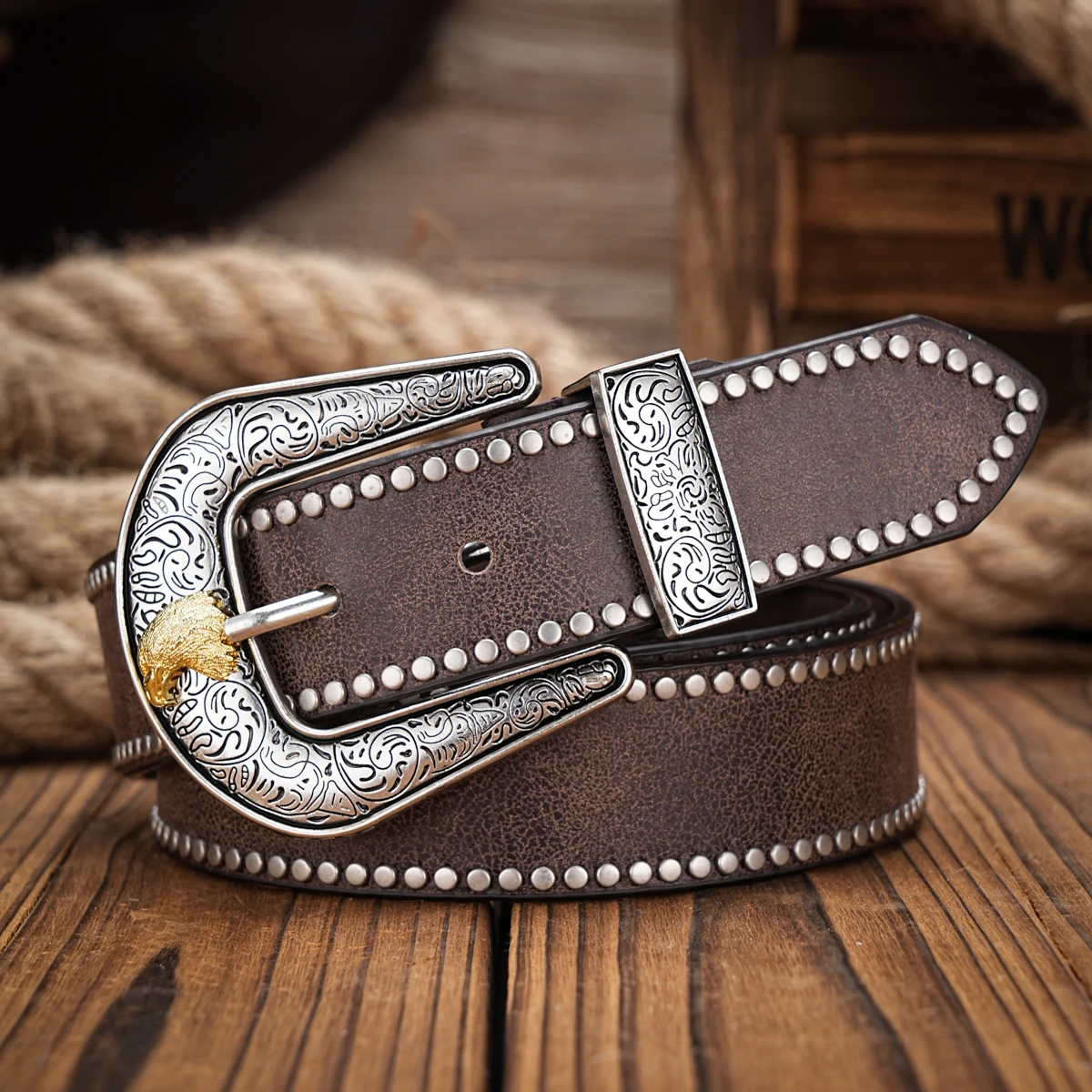 Men & Women-Western-Cowboy-PU Leather-Belts - Vintage Belt Floral Engraved Buckle Belt for Jeans