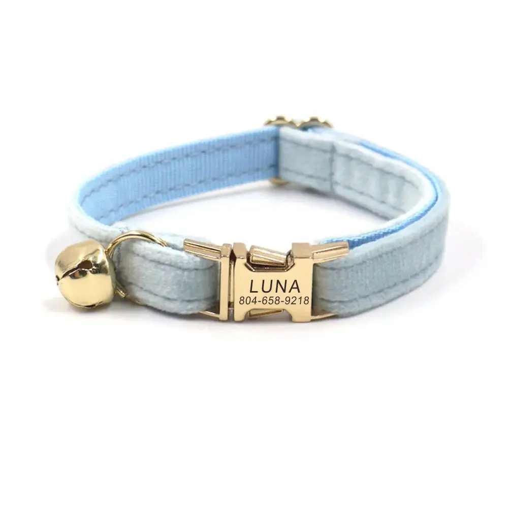 

Personalized Cat Collar Customized Nameplate ID Metal Buckle Adjustable Sky Blue Velvet Cat Collars with Bell