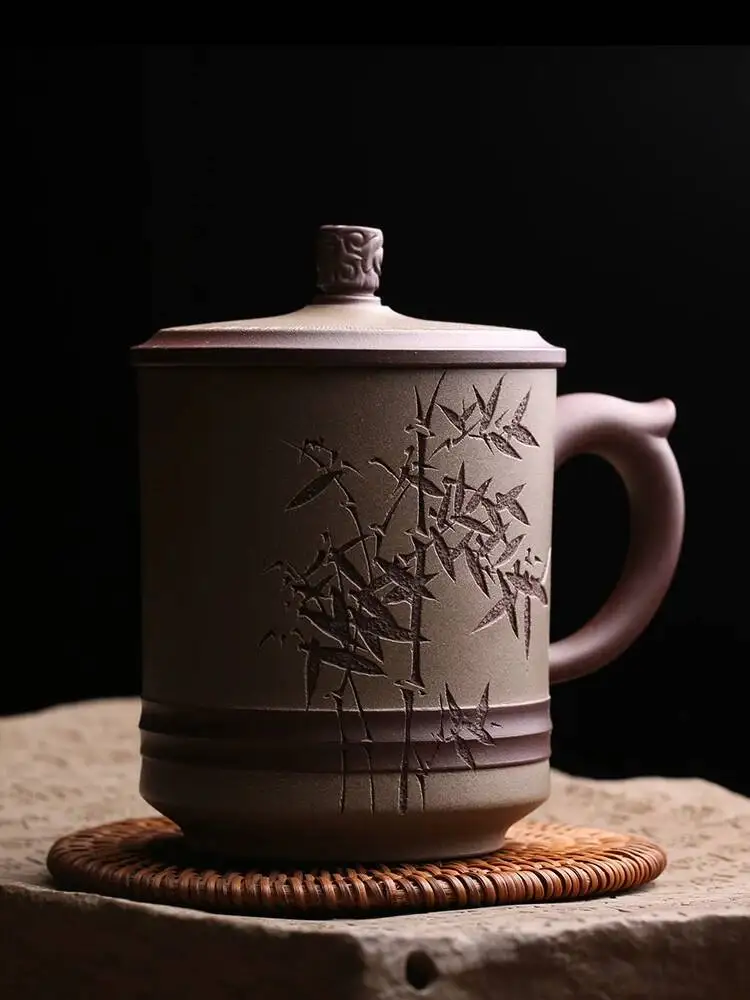 Yixing Original Purple Clay With Bamboo Wave Pattern, Household Lid Cup, Purely Handmade By Master Wu Chunyan, High-End Tea Cup