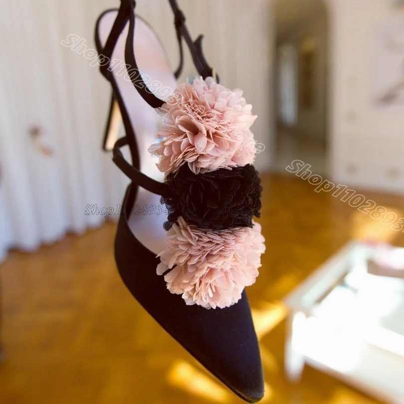 

Black Flower Ankle Buckle Sandals Stiletto Stylish Summer New Fashion Women Party Dress Sweet Style Shoes Zapatos Para Mujere
