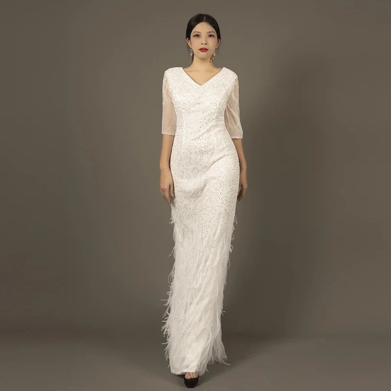 

White Evening Dress Custom V Neck Rhinestone Feather Design Mermaid Gown Mother Dresses For Formal Occasions M149