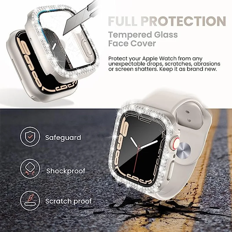 Tempered Glass+Cover For Apple Watch 41mm 45mm 44mm 40mm 42mm 38mm Diamond Screen Protector Case iWatch series 9 6 5 4 3 se 7 8