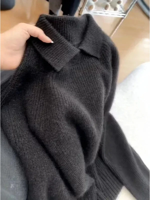 

Свободный крой, трикотажный джемпер, повседневный, модный, женский, утягивающий, базовый топ с длинным рукавом и отложным воротником, осень-зима