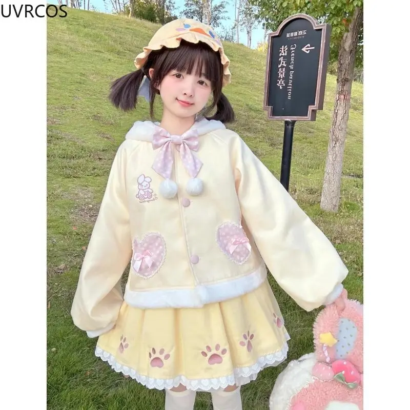 Autumn Winter Kawaii Lolita Style Sweet 2 Piece Set Woman Cute Bunny Ear Hooded Woolen Coat Y2k Mini Skirts Korean Fashion Suit