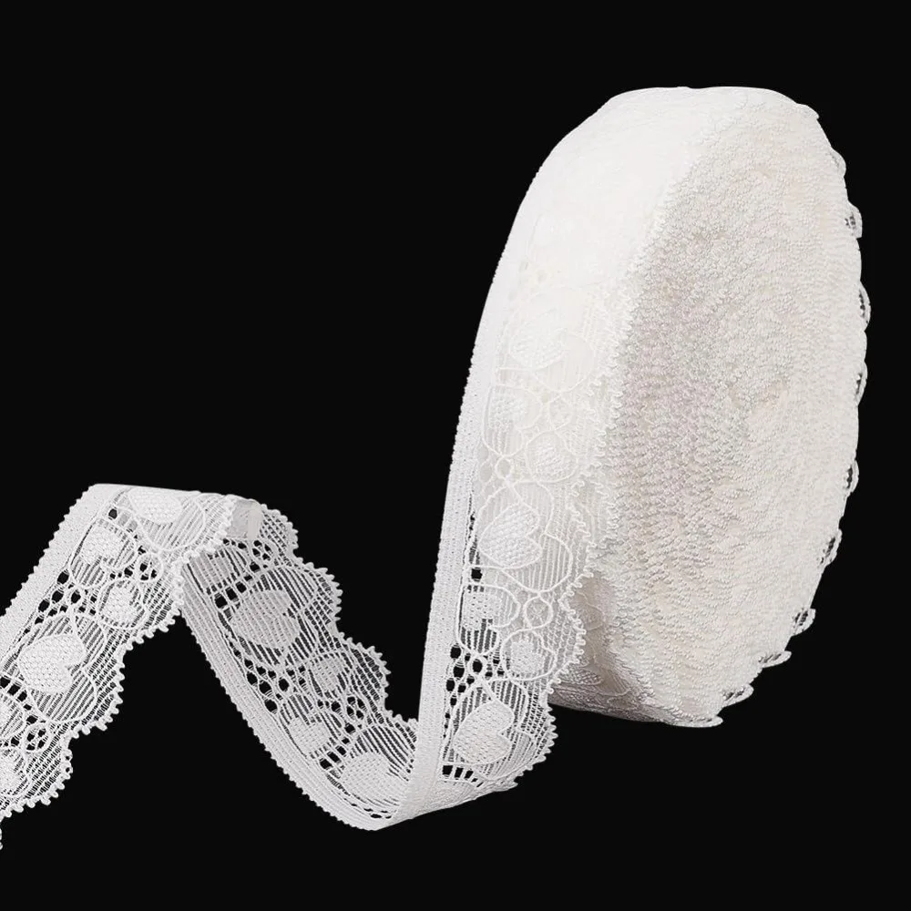 25MM 20 Yards Elastisches Spitzenband mit Herzmuster, weißes Spitzenband für Nähprojekte, besticktes Spitzenband