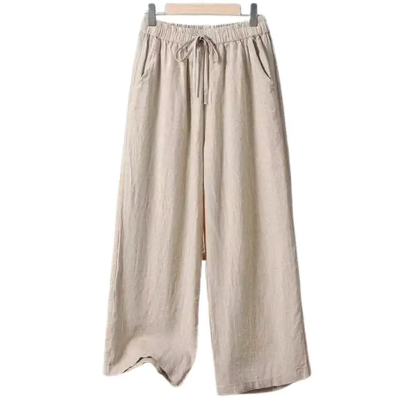 Summer 2026 High Waist Wide Leg Casual Pants Cotton Linen Nine Point Straight Cut Fashionable plus Size Women's Clothing