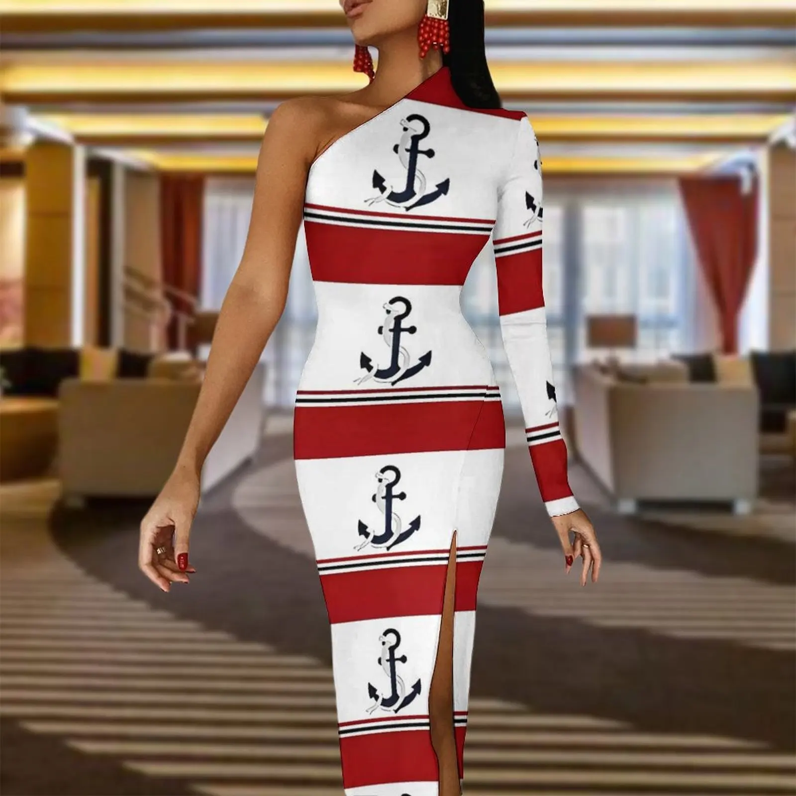 Nautical Anchor Maxi Dress Long Sleeve Red Blue and White Stripes Street Wear Bodycon Dresses Autumn Vintage Dress Women Vestido