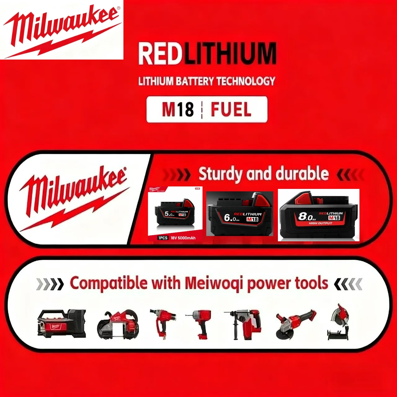 

M18B5 5.0Ah M18B6 6.0Ah Original Milwaukee battery 8.0Ah 4811-1850 1815 Milwaukee M18 18V Tool Lithium Battery M12-18FC Charger