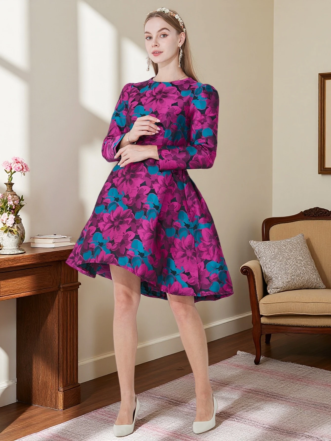 

DEVCHATA Высокое качество женское платье с длинным рукавом элегантное жаккардовое платье с цветочным принтом в стиле бохо модное вечернее осенне-зимнее платье