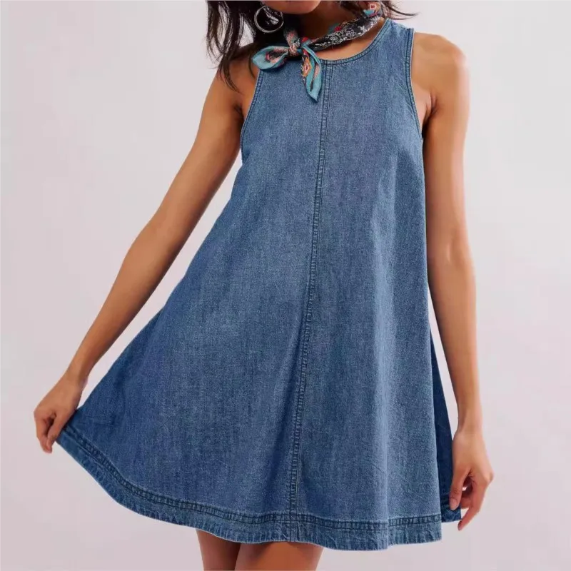 

Summer Sleeveless Denim Blue Dress Women Casual Stylish Mini Beach Tank Dress Vestidos Loose Holiday Party Sundress Female