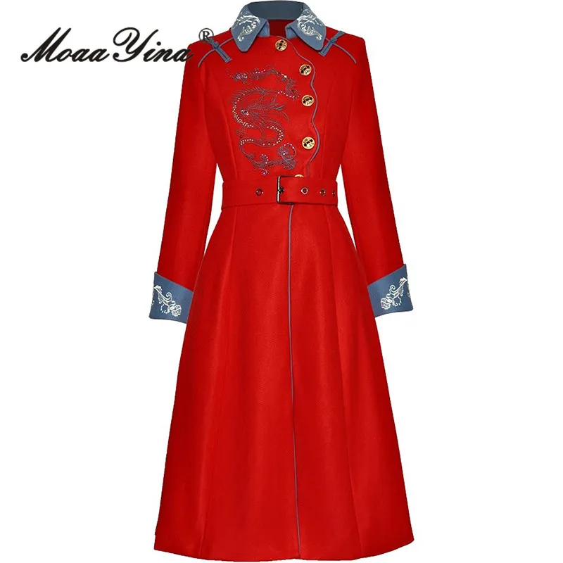 MoaaYina Fashion Runway Autumn and Winter Women's Coat Turn-Down Collar Long Sleeved Embroidery Single-breasted Lace-Up Overcoat