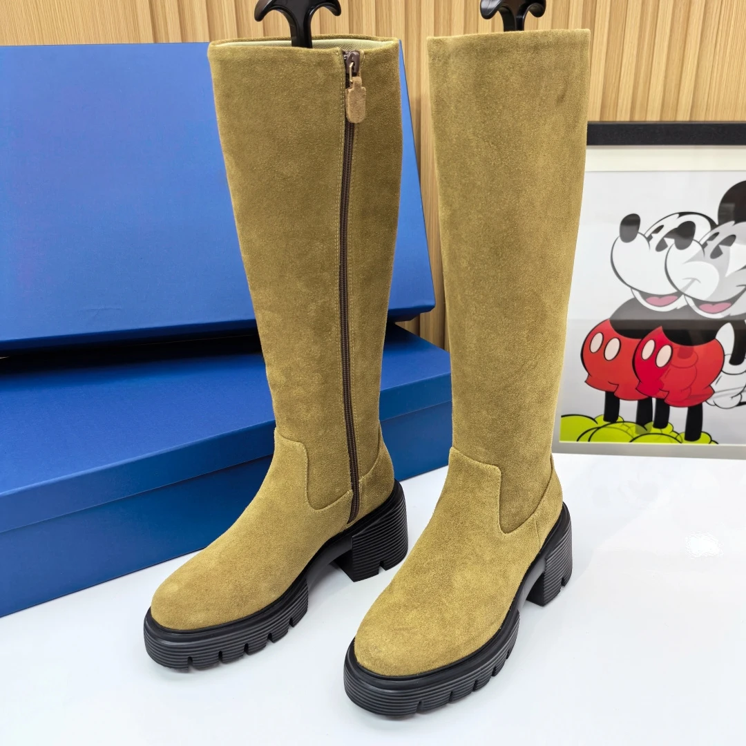 

Hot Sale Round-toed thick sole Strret style Goatskin Women's Mid-Calf Boots 7cm heel height Knee-high boots for women Size 34-40