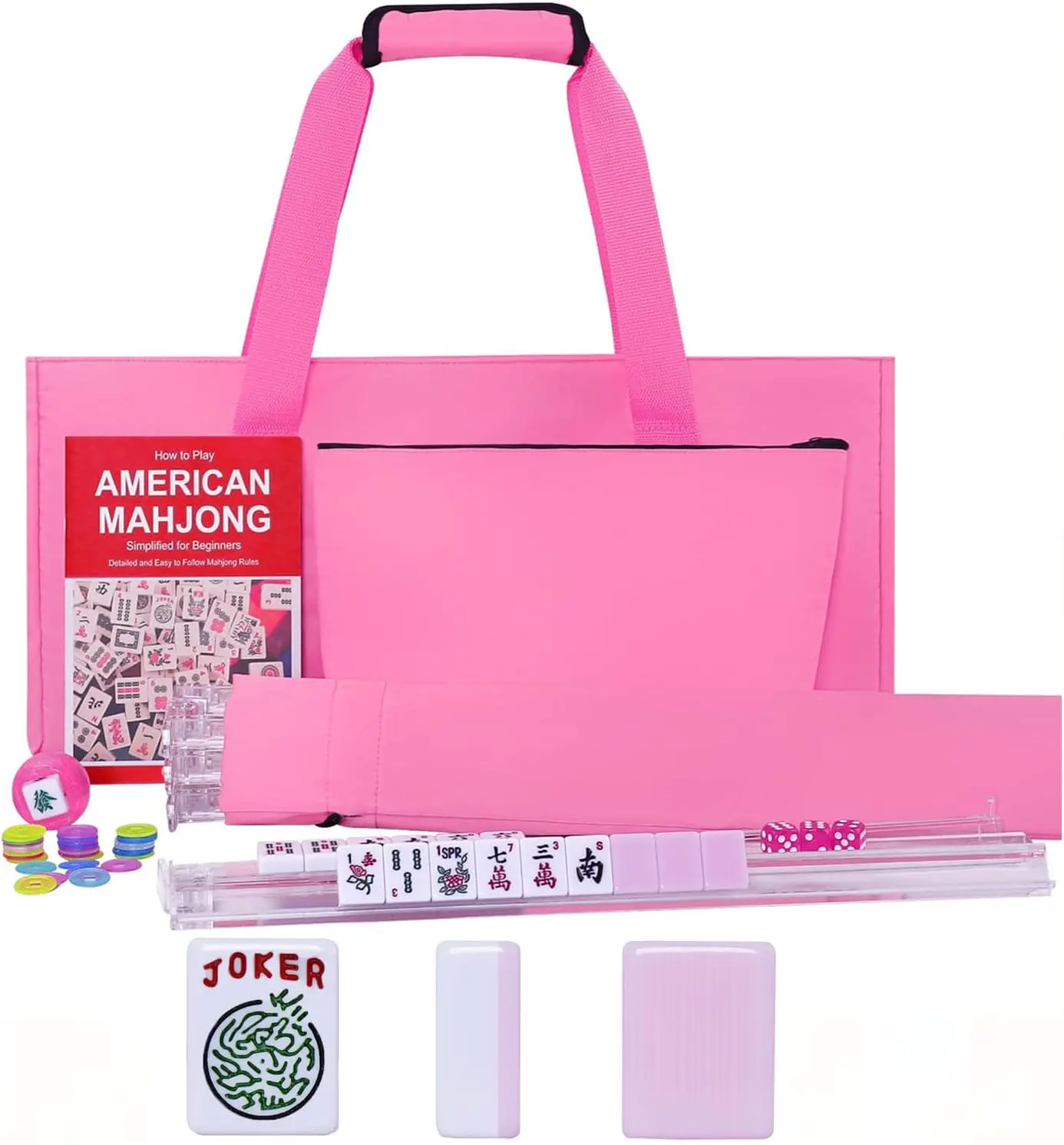 

American Mahjong Game Set, 166 Pink Tiles, Pink Bag and Accessories, 4 All-in-One Transparent Rack/Pushers, Mahjong Tiles Set