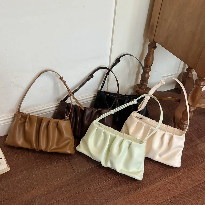 Texture Pleated Crossbody Bags for Women Summer New Solid Color PU Leather Shoulder Bag Simple Temperament Casual Underarm Bags