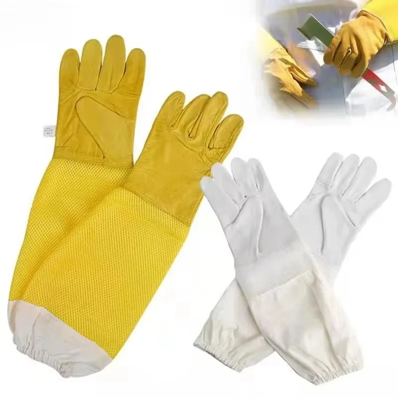 Professional Sheepskin Beekeeping Gloves with Protective Sleeves Ventilated Anti-Sting Long Design for Beekeepers