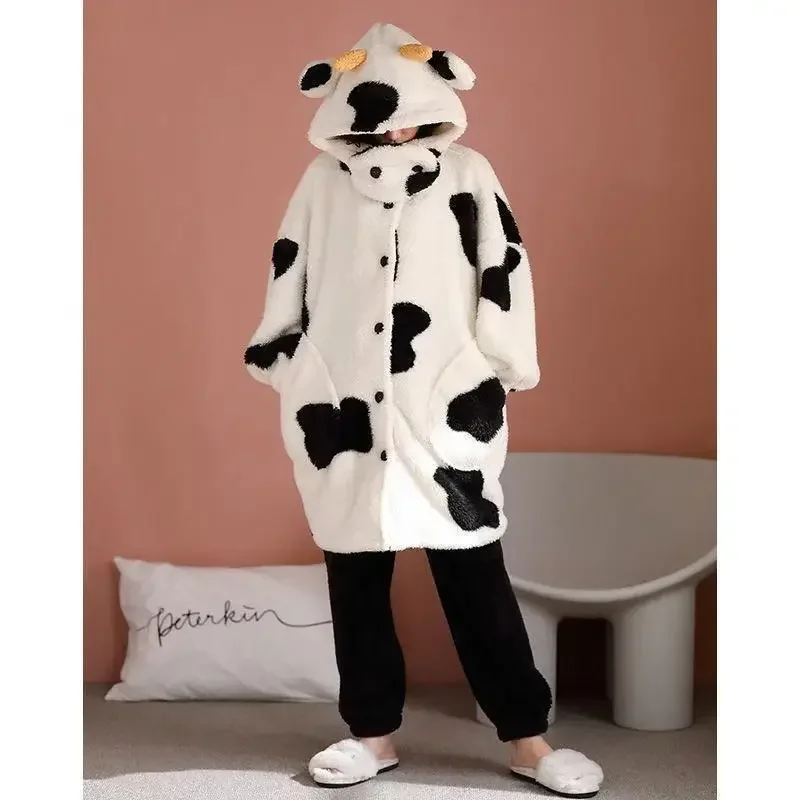 Female Cartoon Cow Thick Hooded Nightgown Kawaii Women Winter Robes Home Clothes Flannel Sleepwear Girls Animal Fleece Pajamas