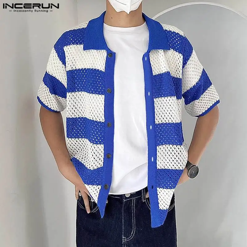 Incerun Tops 2024 koreanischen Stil neue Männer Mesh hohle horizontale Streifen Hemden lässig männliche Persönlichkeit kurz ärmel ige Bluse S-5XL