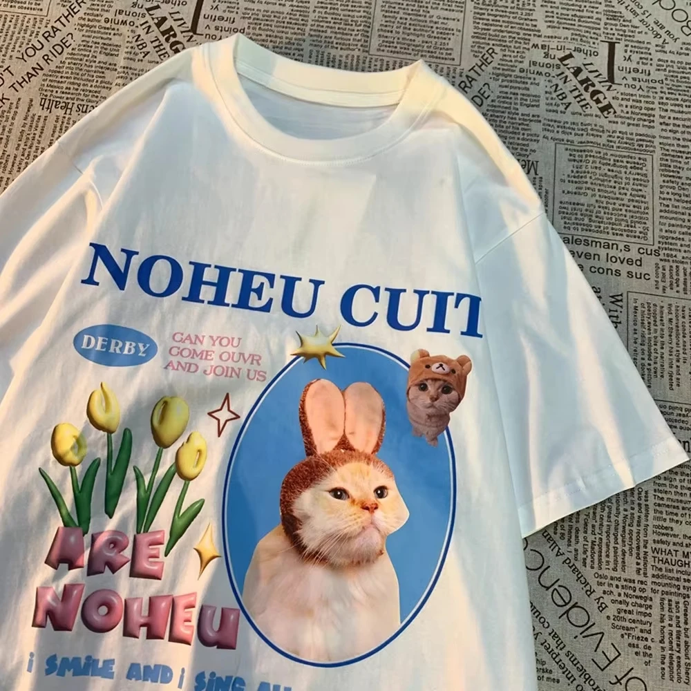 2026 New Hand‑Painted Lazy Cat Graphic Print T‑Shirt Crew Neck Short Sleeve Tee Men Personality Street Casual Daily Top Y2k